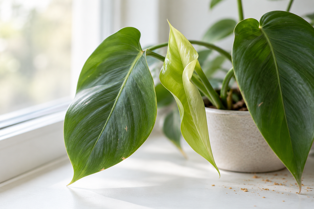 New philodendron growth above older leaves with a few carrier fragments.
