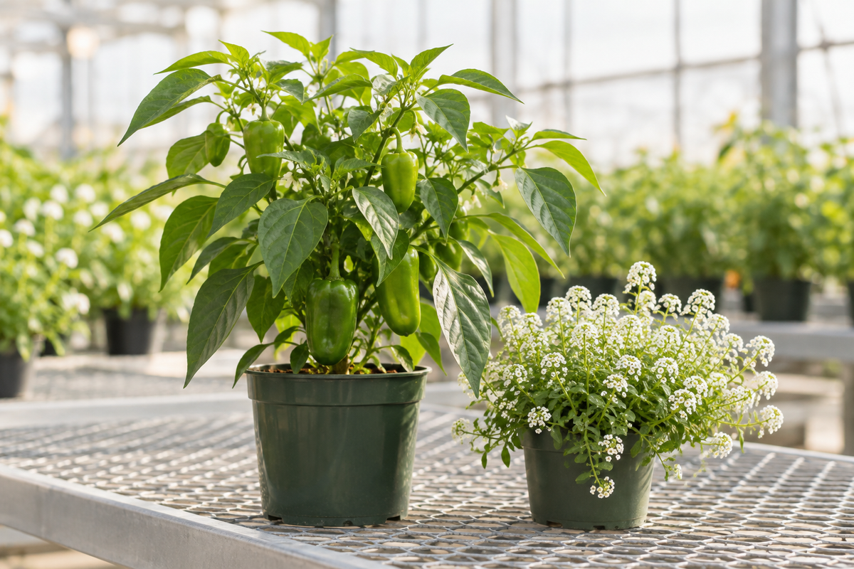 Pepper plant beside flowering alyssum on a bright growing bench.