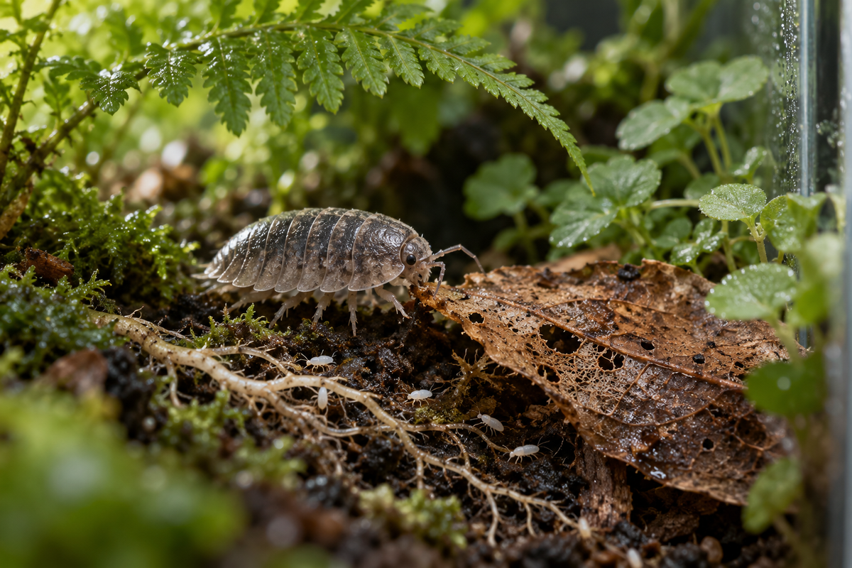 An isopod feeding on a decaying leaf beneath a fern inside a planted vivarium.