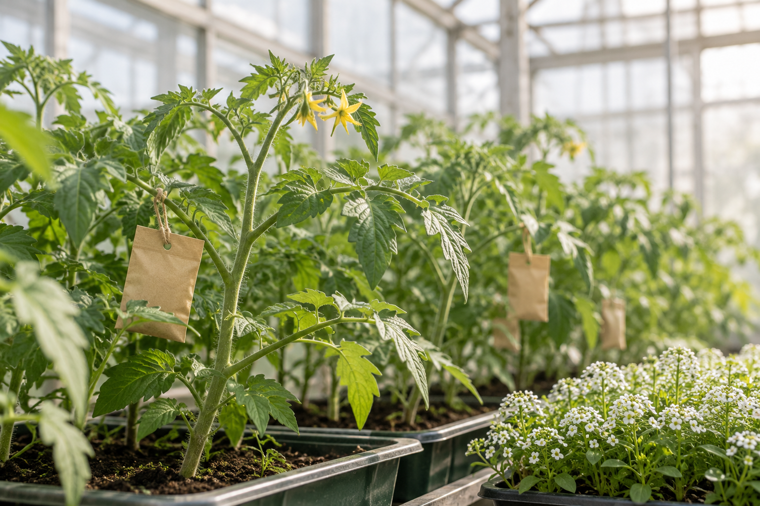 Young tomato plants with plain hanging sachets and a tray of flowering alyssum.