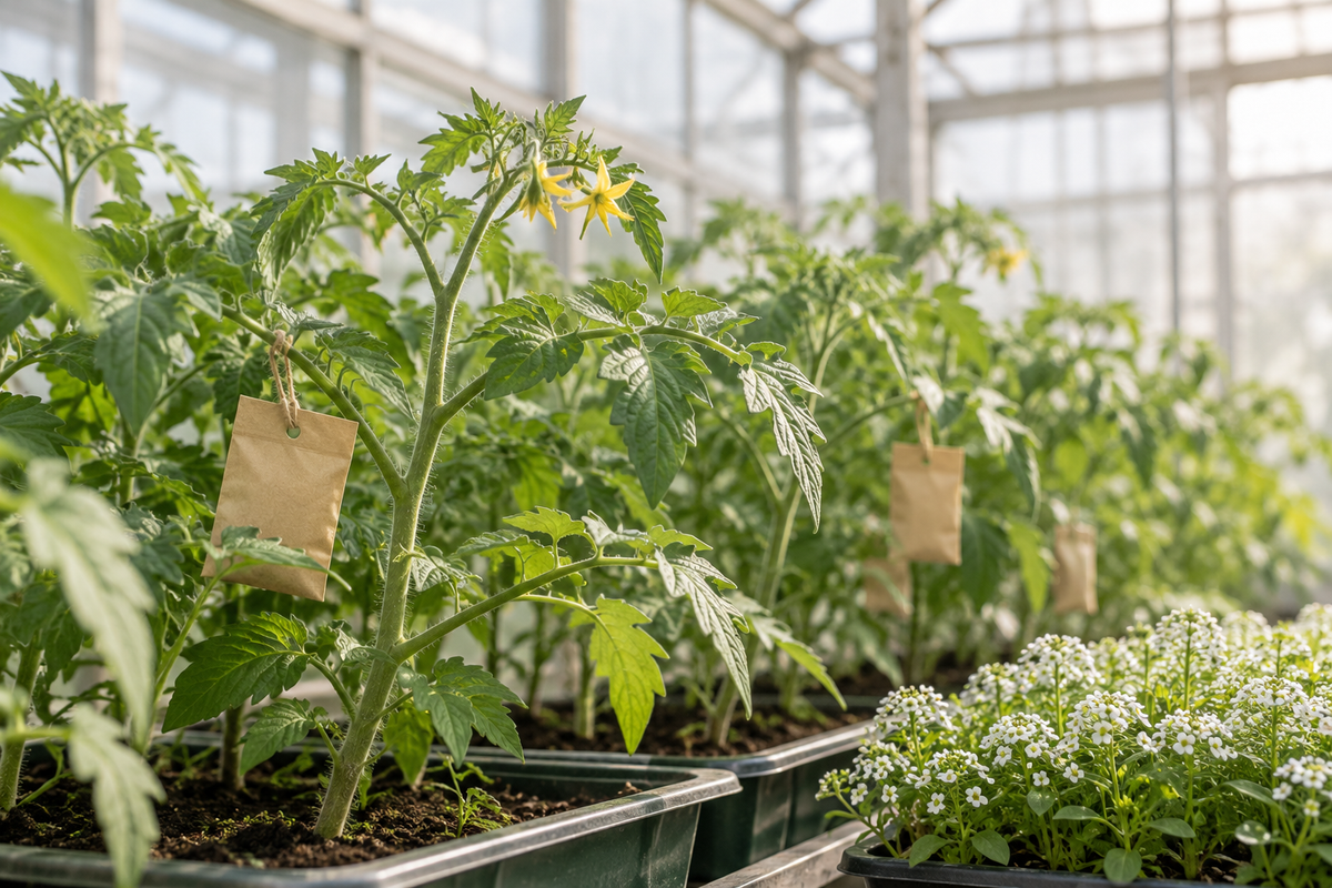 Young tomato plants with plain hanging sachets and a tray of flowering alyssum.