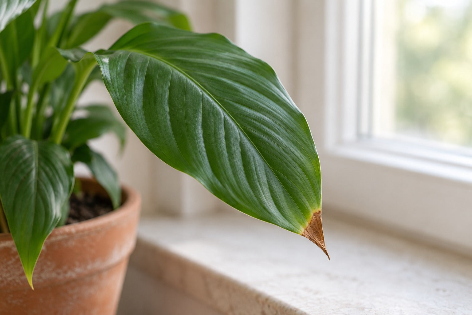 Photorealistic editorial image of a peace lily on a windowsill with a small brown leaf tip.