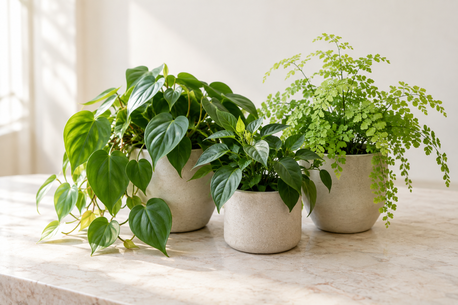 Three potted plants with different leaf shapes on a pale surface.