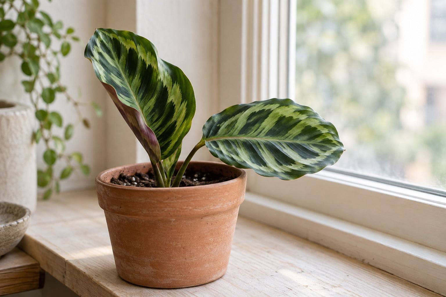 Photorealistic editorial image of a calathea on a windowsill with relaxed and cupped leaves.