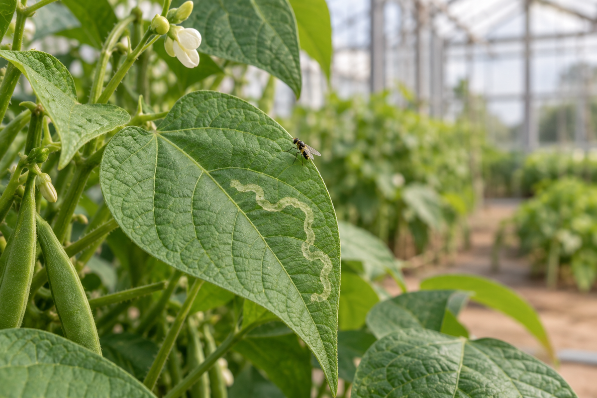 AI-generated editorial image of a leafminer fly beside a winding mine on a bean leaf.