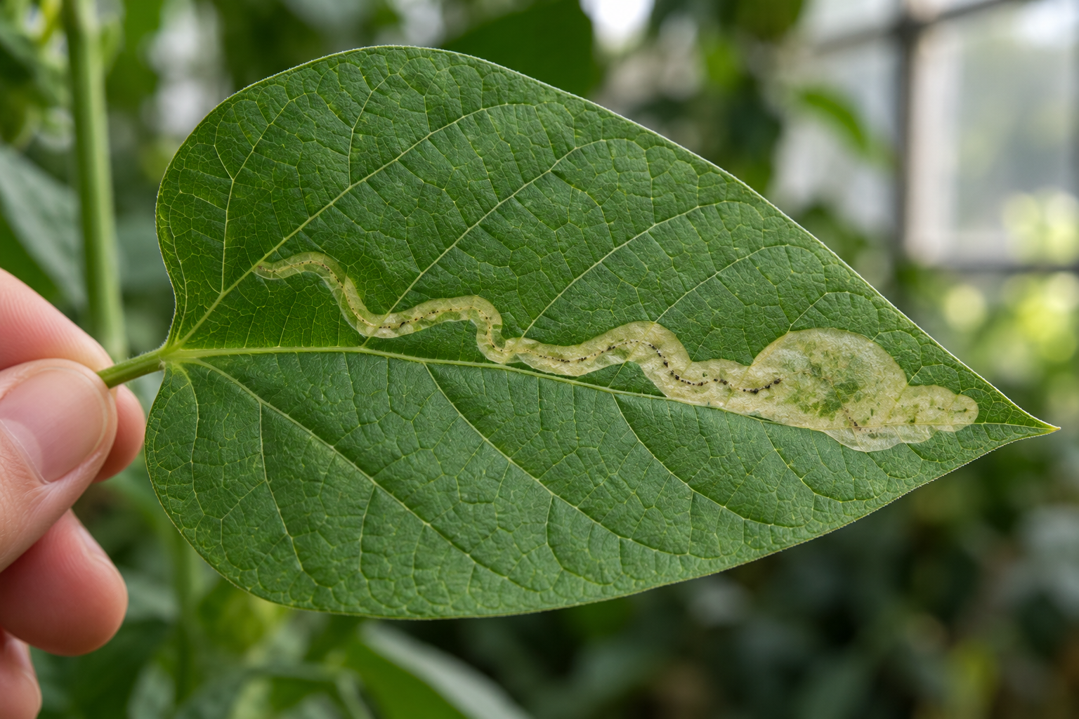 AI-generated editorial illustration of a backlit green leaf with a winding pale mine.