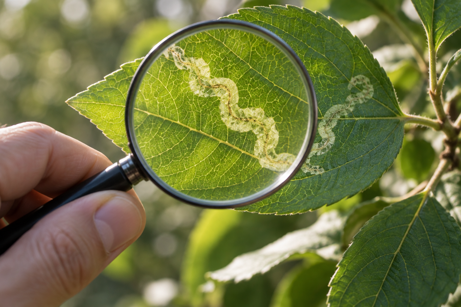 AI-generated editorial illustration of a magnifying lens held above a leaf mine.