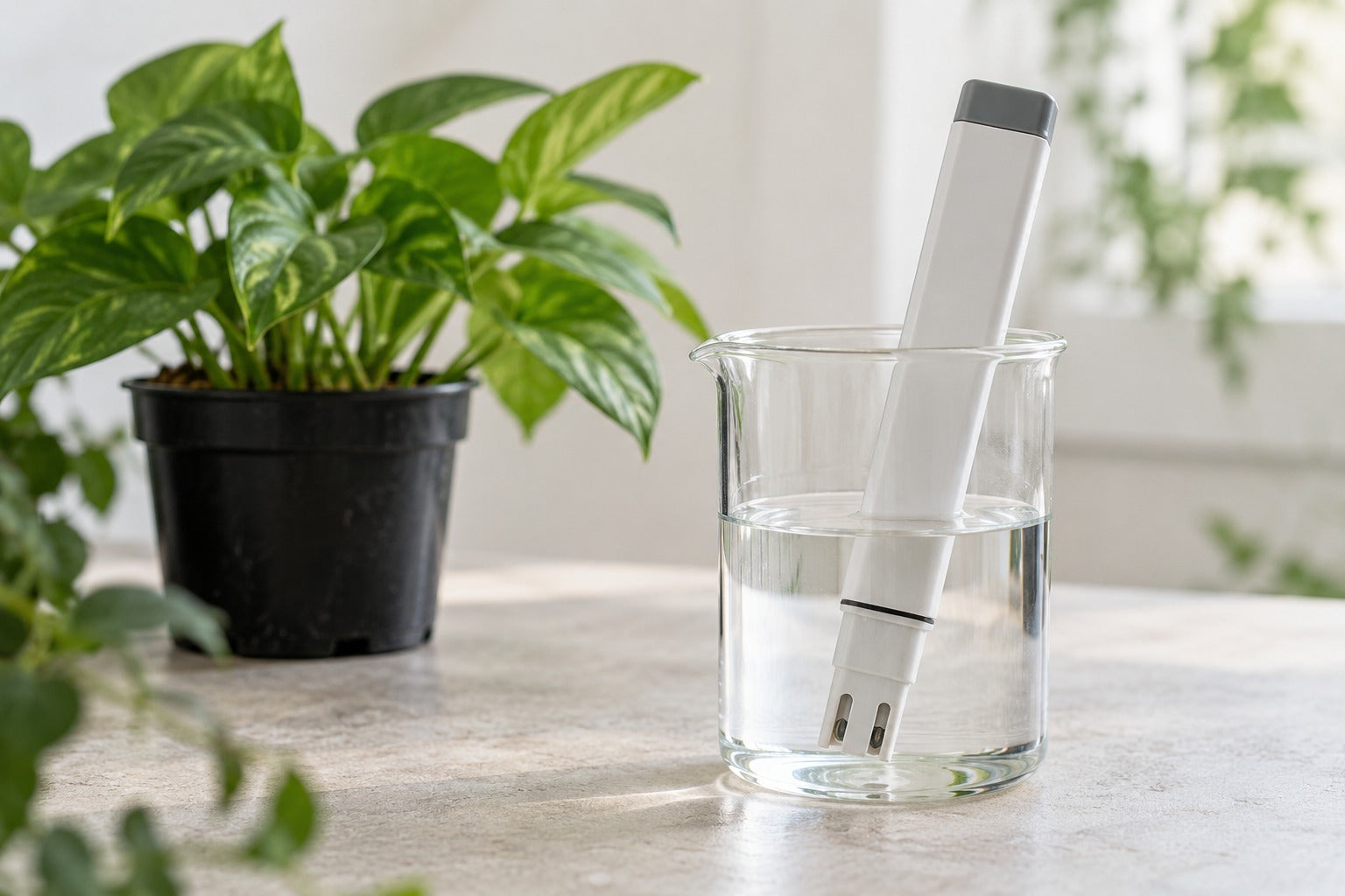 An electrical conductivity meter resting in a clear beaker beside a small green plant and a notebook.