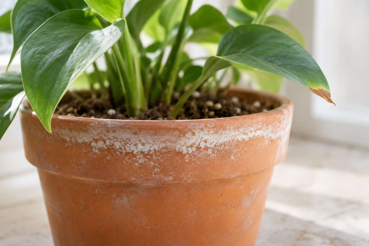 Chalky mineral deposits around the rim of a terracotta pot.