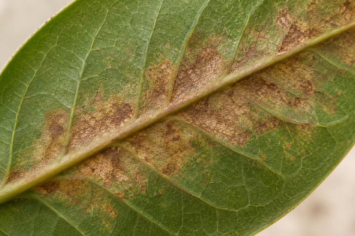 Generated depiction of bronze-brown flat mite feeding injury on a leaf underside.
