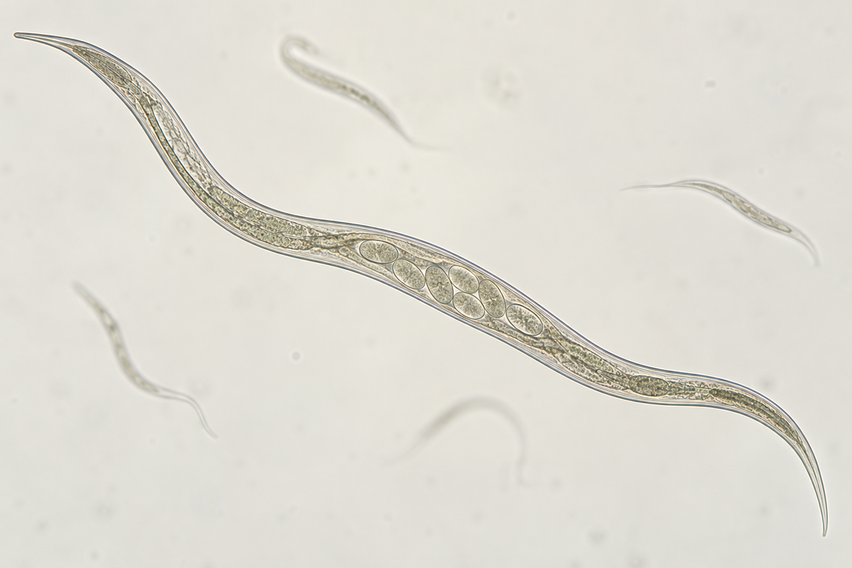 Microscopy-inspired adult nematode containing eggs, with young nematodes nearby.