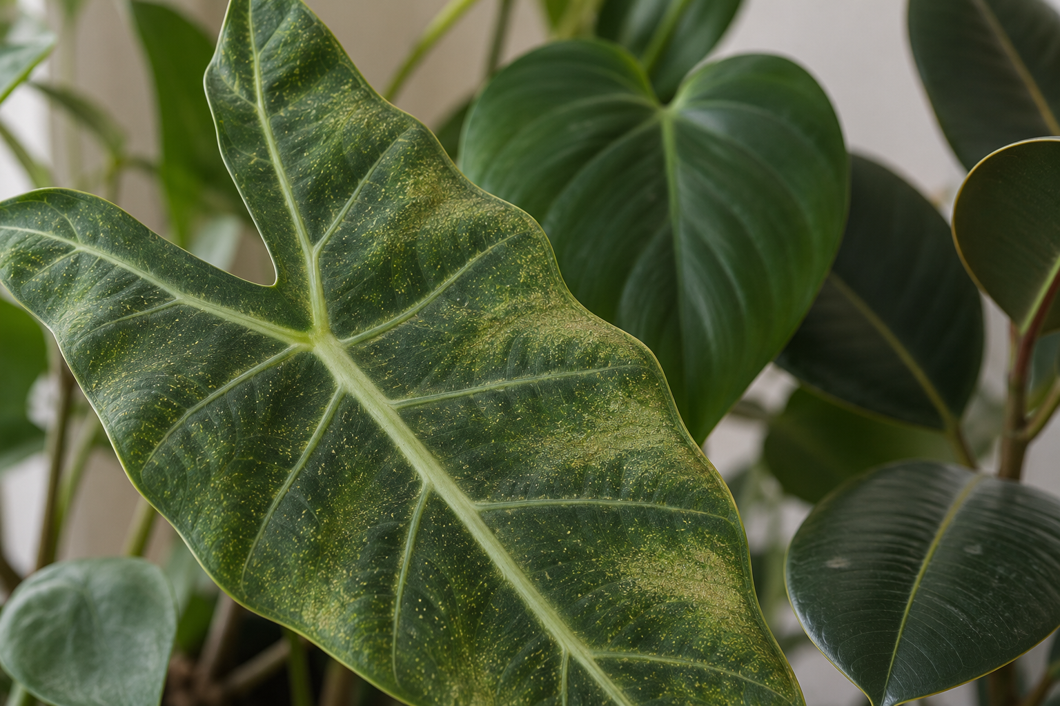 Fine pale stippling on an Alocasia leaf beside green neighboring plants.