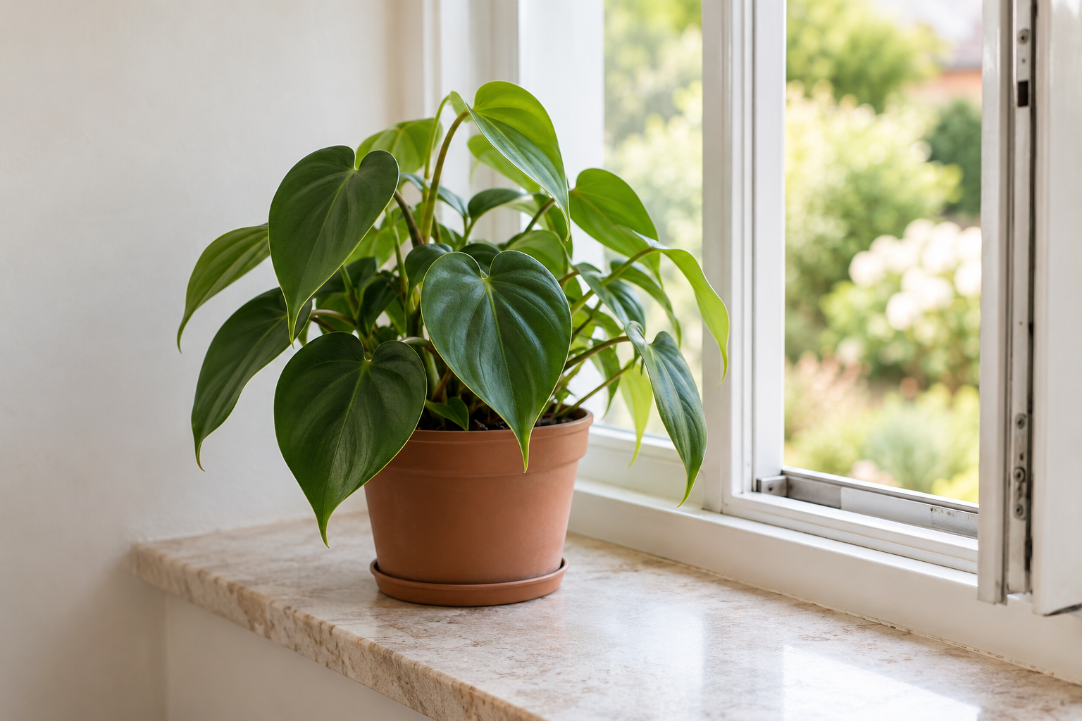 A healthy-looking philodendron beside an open window overlooking a garden.