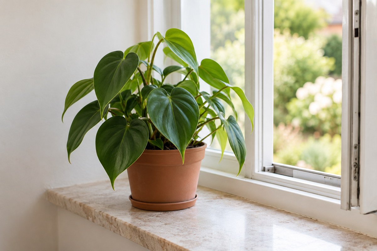 A healthy-looking philodendron beside an open window overlooking a garden.