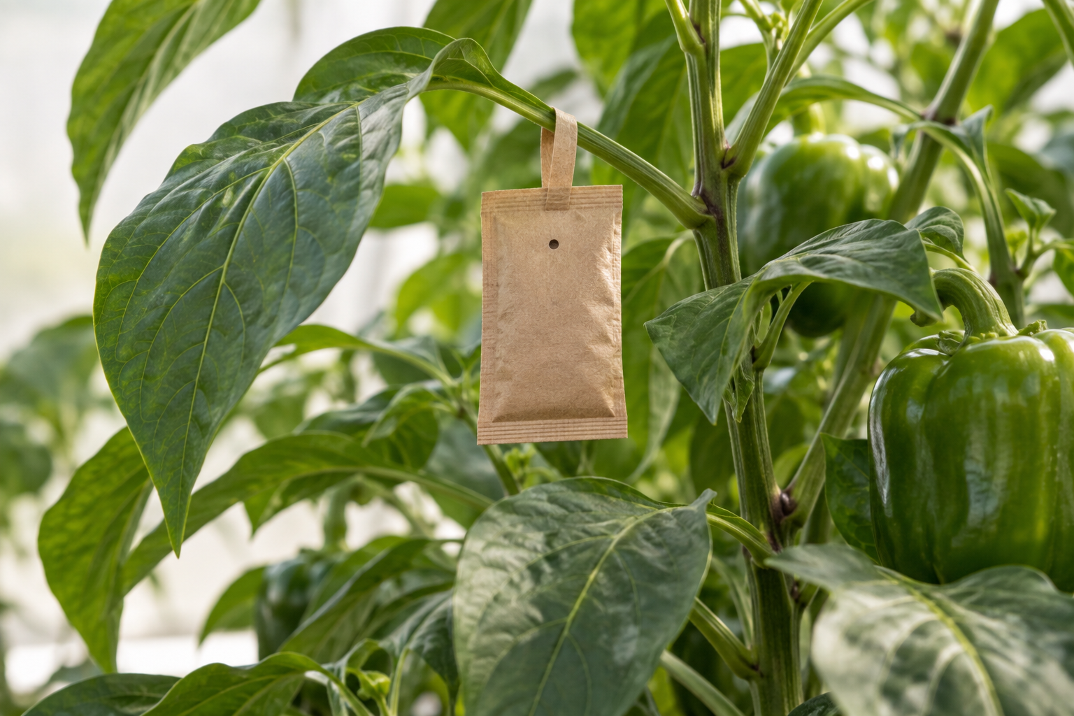 Plain kraft-paper predatory-mite sachet hanging within a green pepper plant canopy.