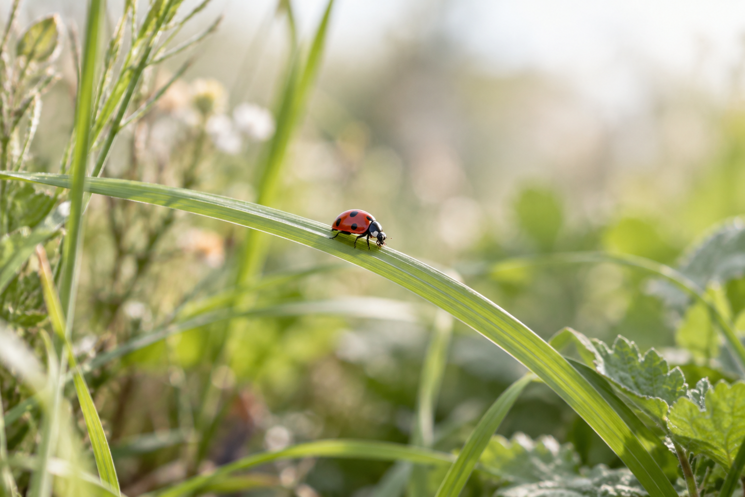 A small lady beetle resting on a green blade at a garden edge.