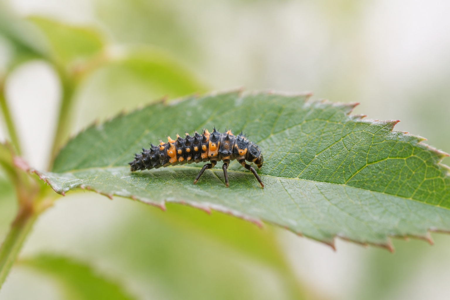 Dark spiny lady beetle larva with orange markings on a green leaf.