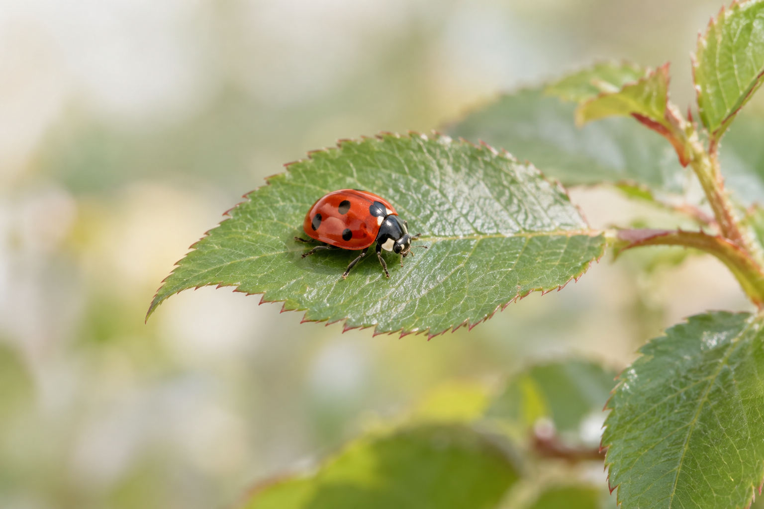 A red-and-black lady beetle resting on a green rose leaf.