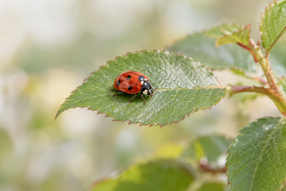 A red-and-black lady beetle resting on a green rose leaf.