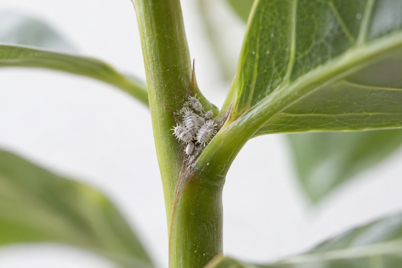 A small group of waxy white mealybugs clustered at a leaf axil.