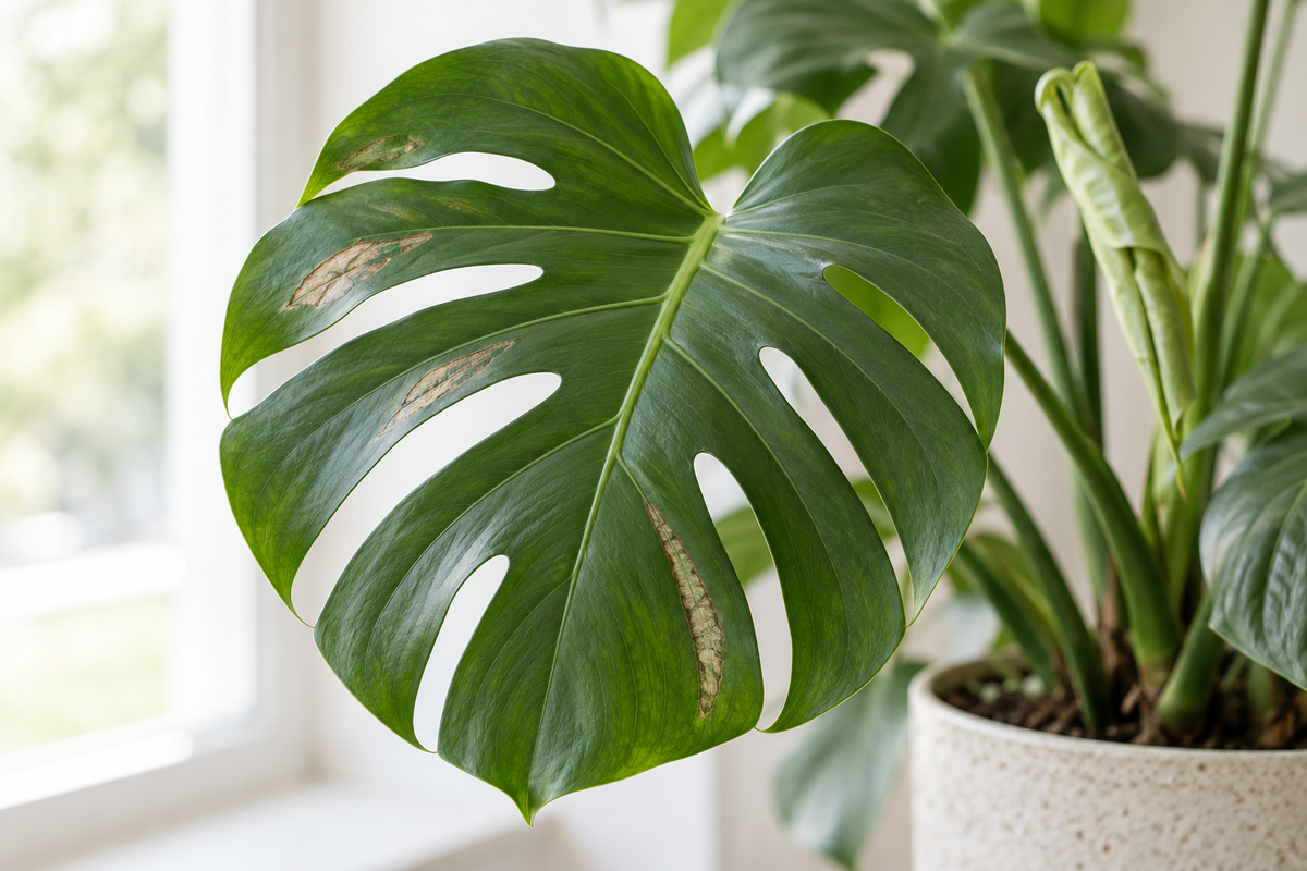 Attached monstera leaf with several elongated dull scars.