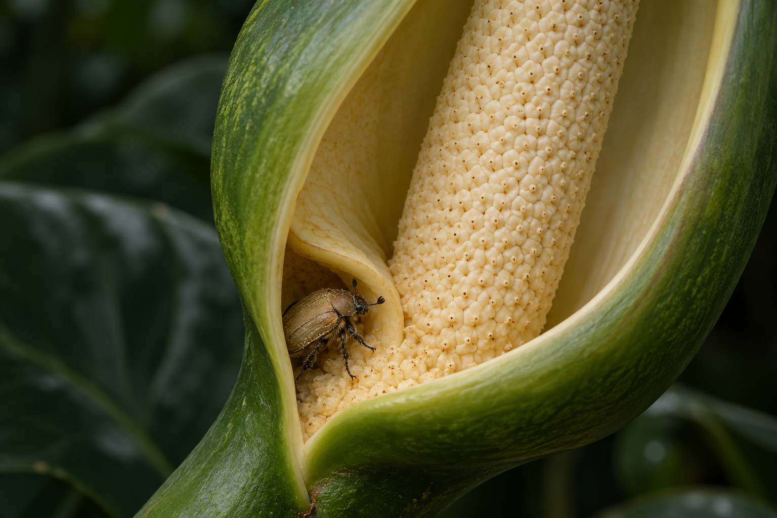 Scarab beetle at the entrance of a philodendron floral chamber