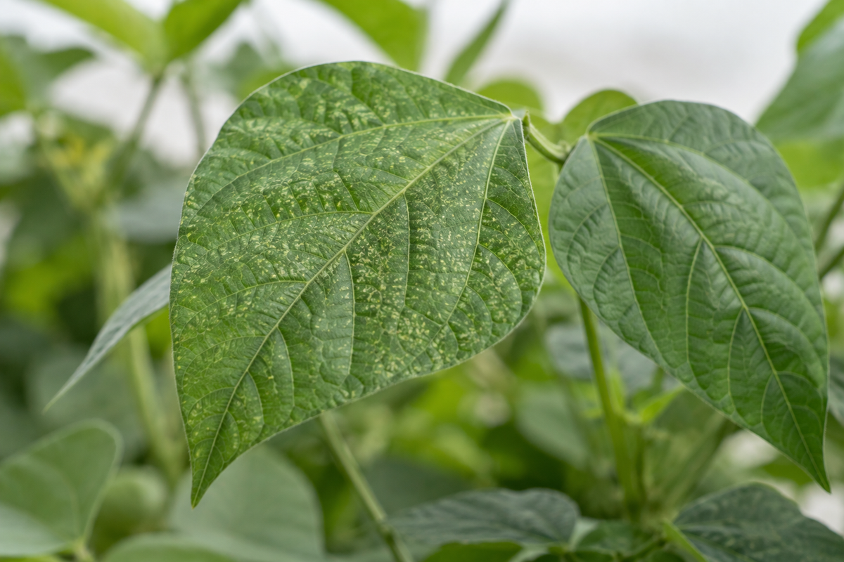 Adjacent bean leaves with pale stippling on one leaf and green tissue on the other.