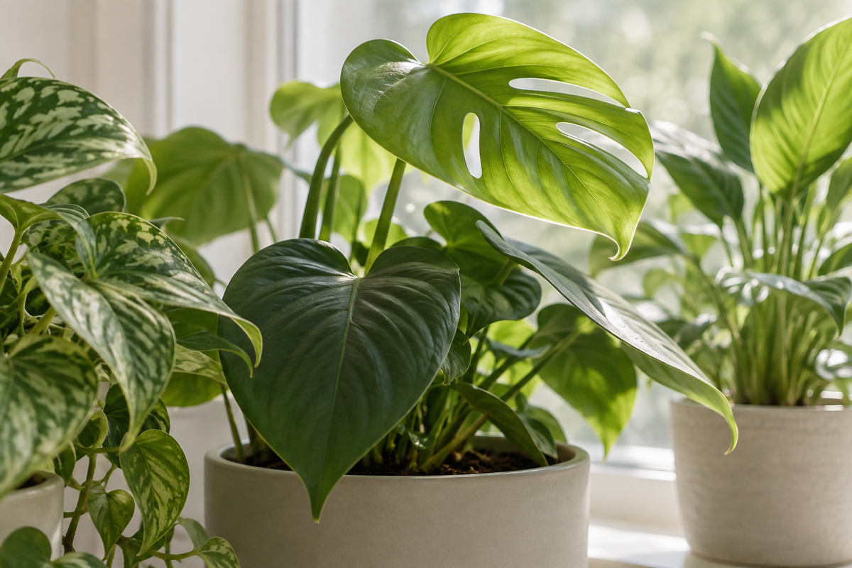 Overlapping houseplant leaves with sheltered foliage beneath the upper canopy.
