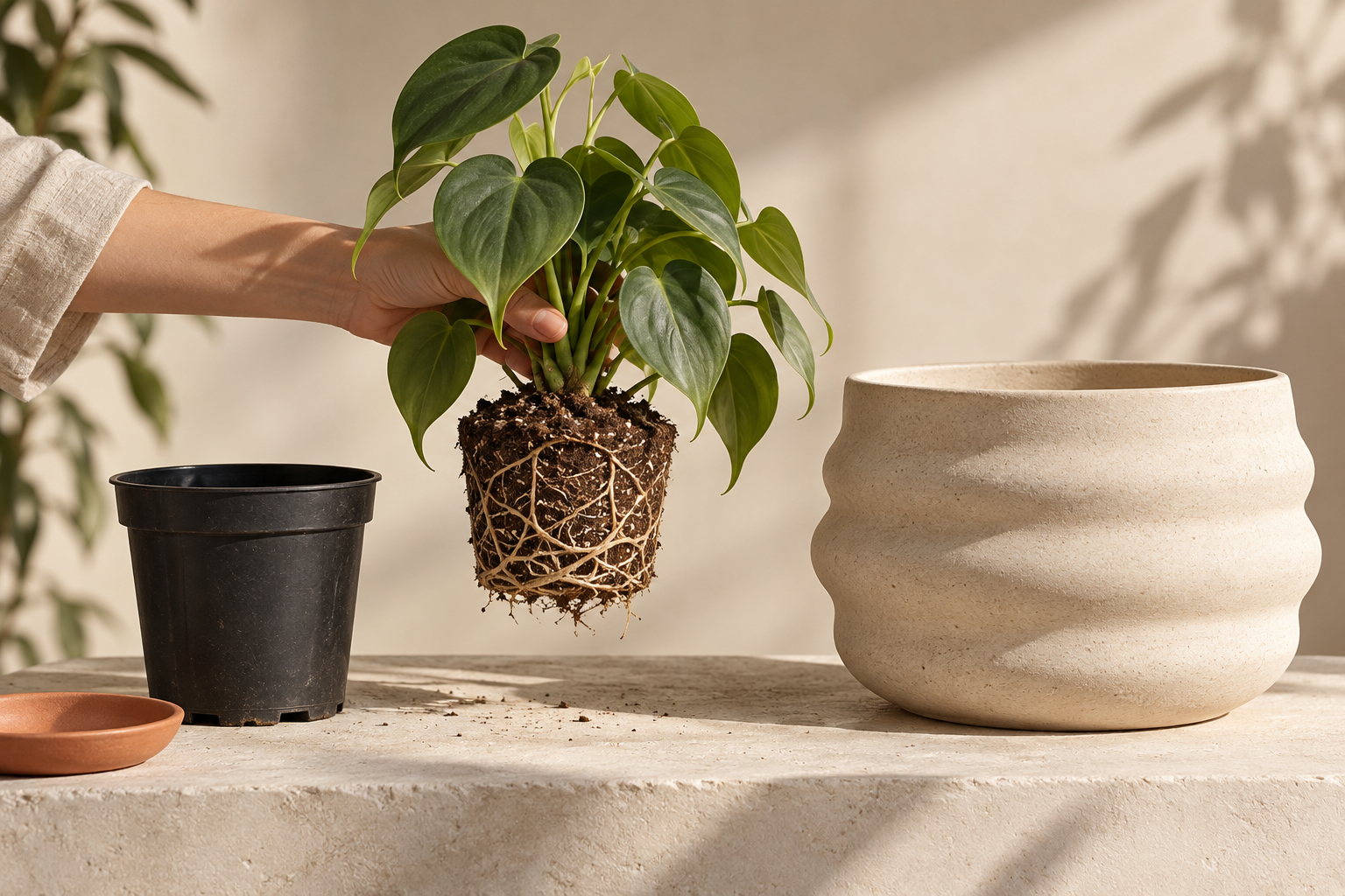Philodendron root ball between a nursery pot and an oversized decorative pot