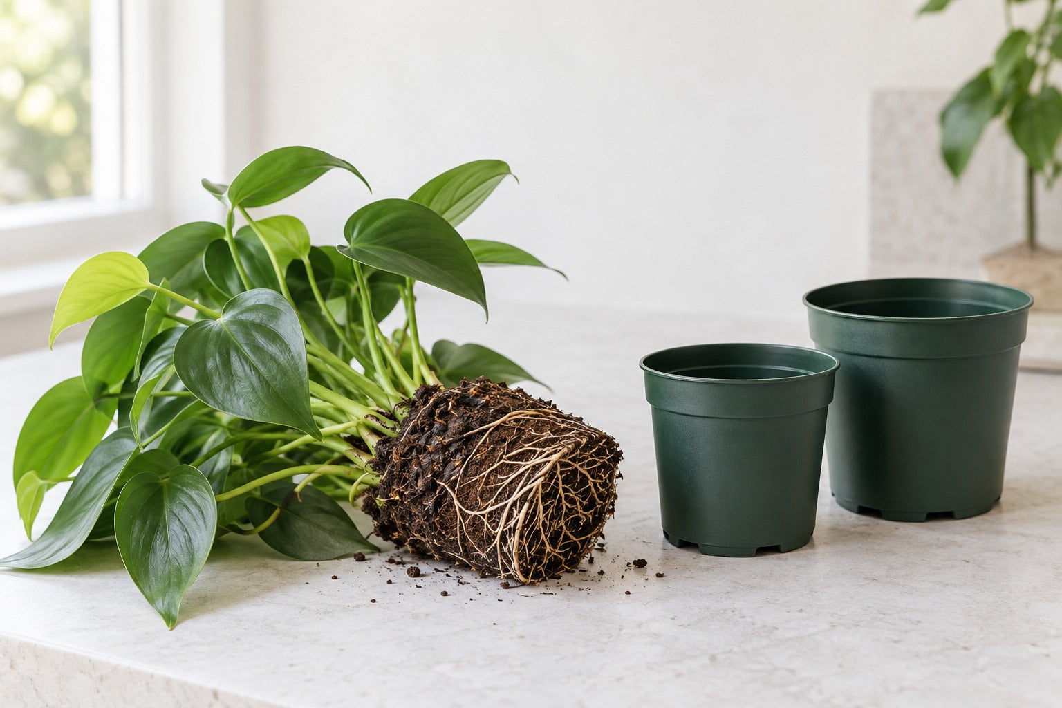 An intact plant root ball resting beside two different-sized empty nursery pots on a neutral potting bench.