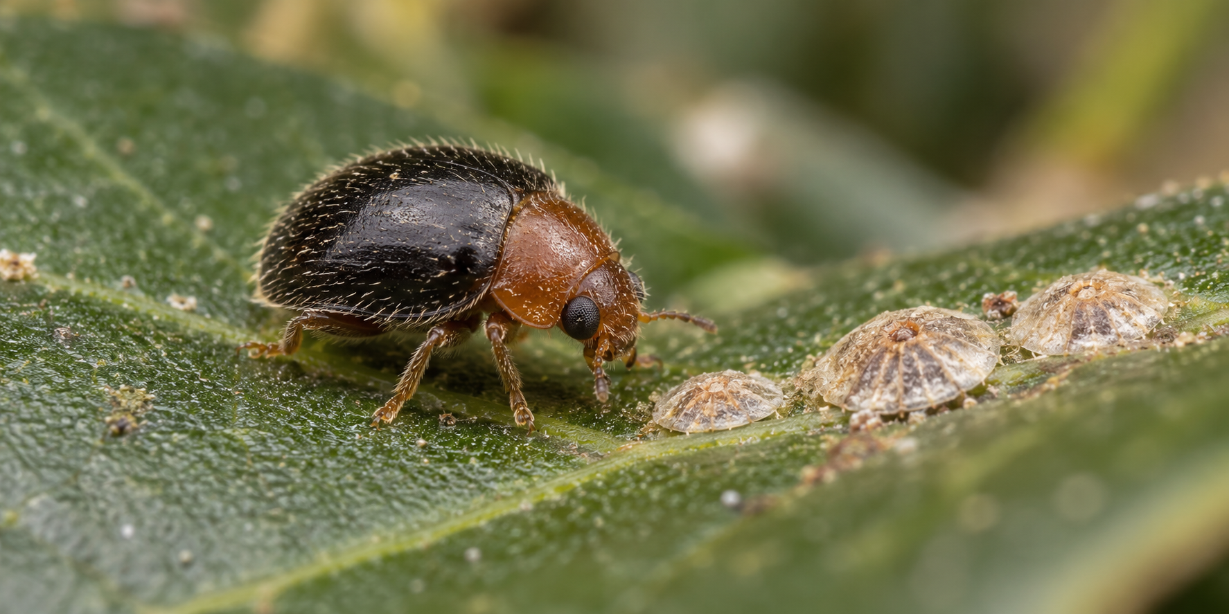 Rhyzobius lophanthae beside armored scale on a leaf — illustrative macro image