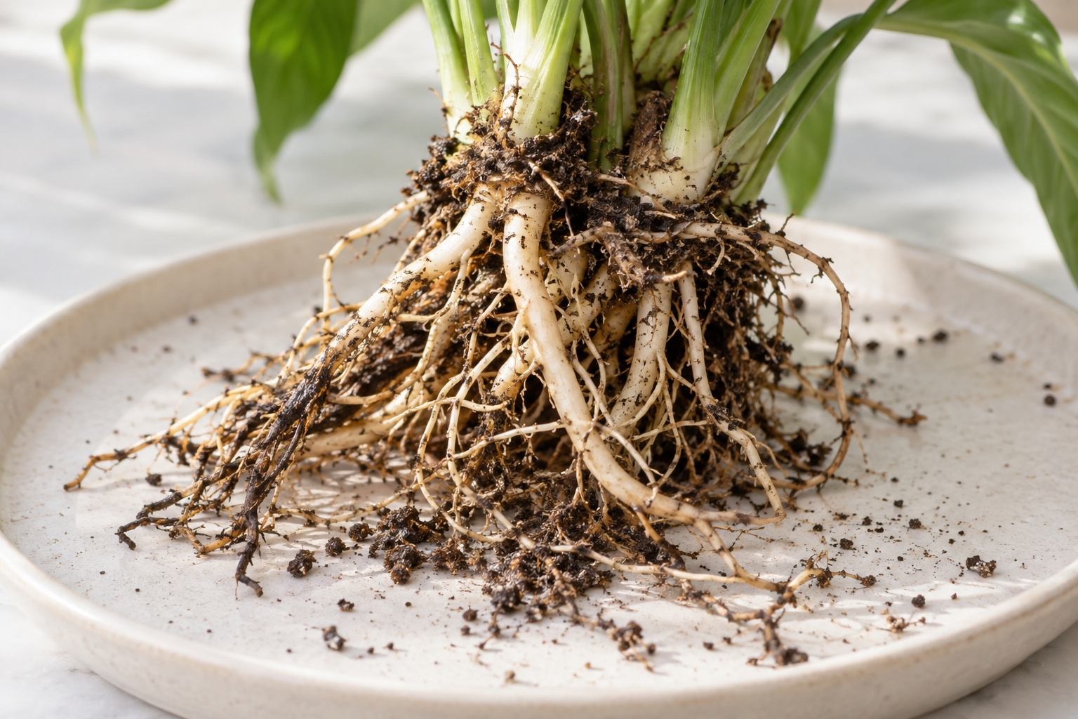 Exposed peace lily roots on a pale tray for inspection.