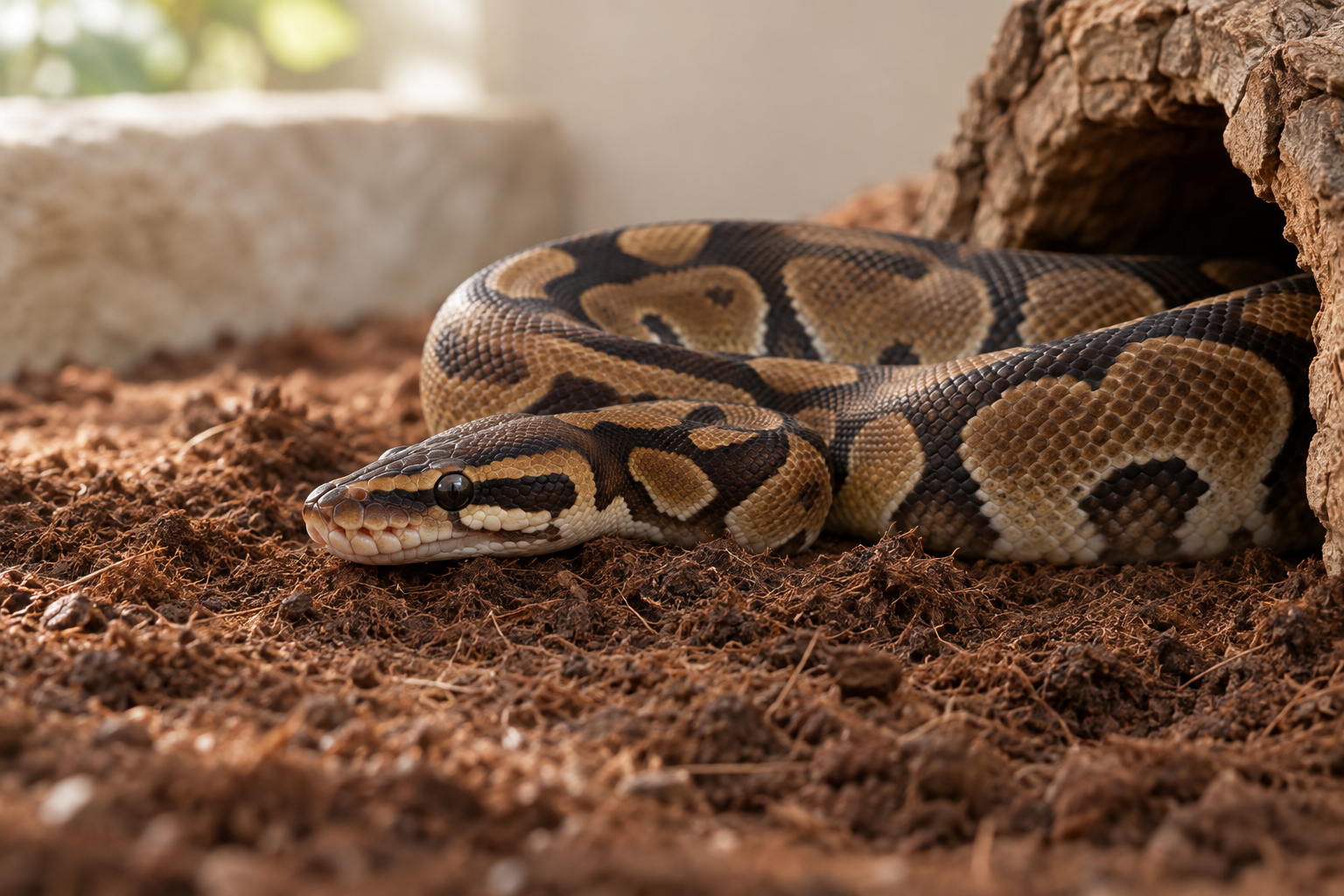Ball python resting on textured enclosure substrate beside a cork bark hide.