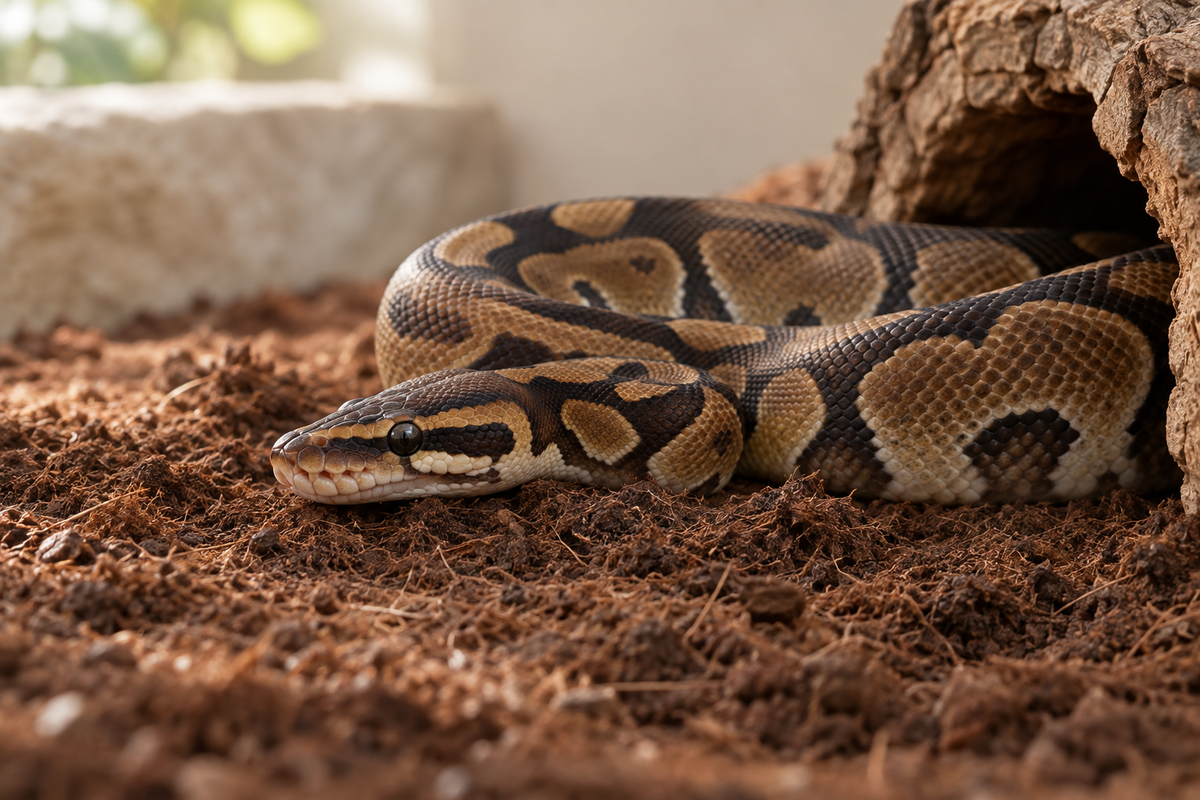 Ball python resting on textured enclosure substrate beside a cork bark hide.