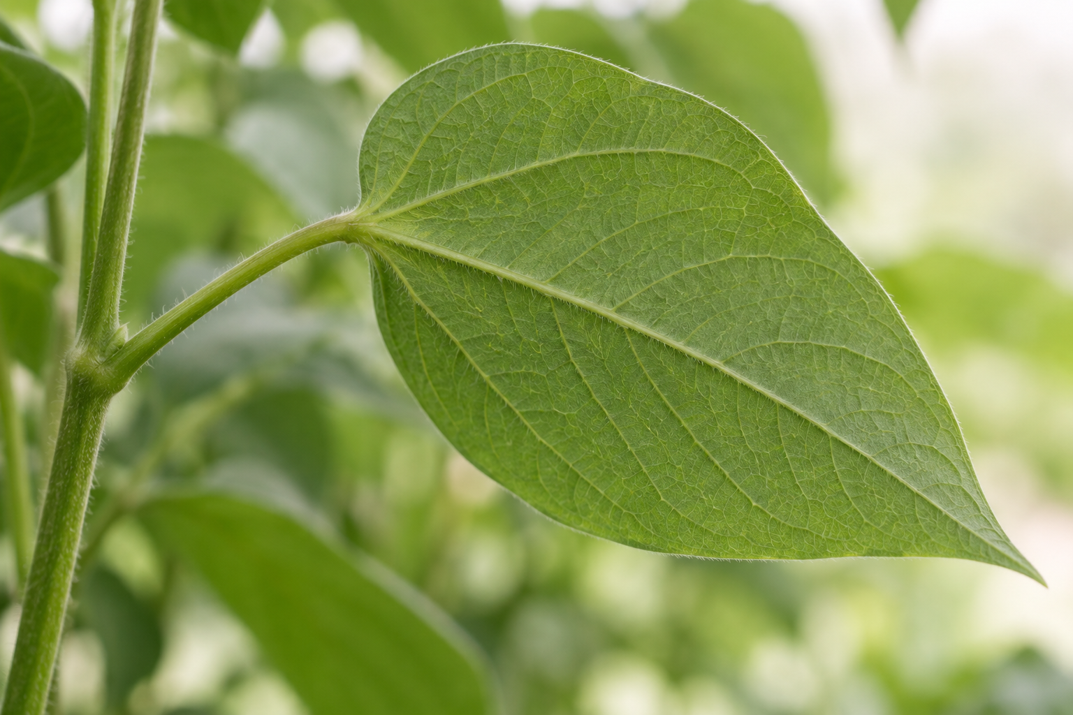 Underside of a green bean leaf with its veins and petiole in focus.