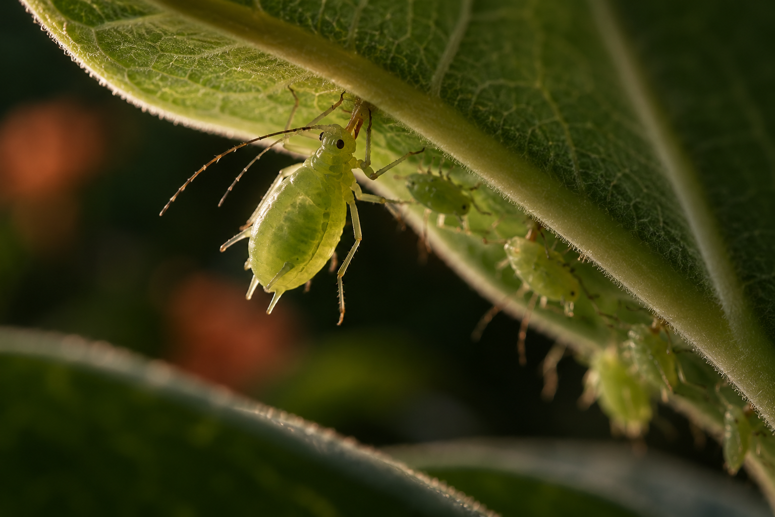 Aphids feeding beneath a leaf