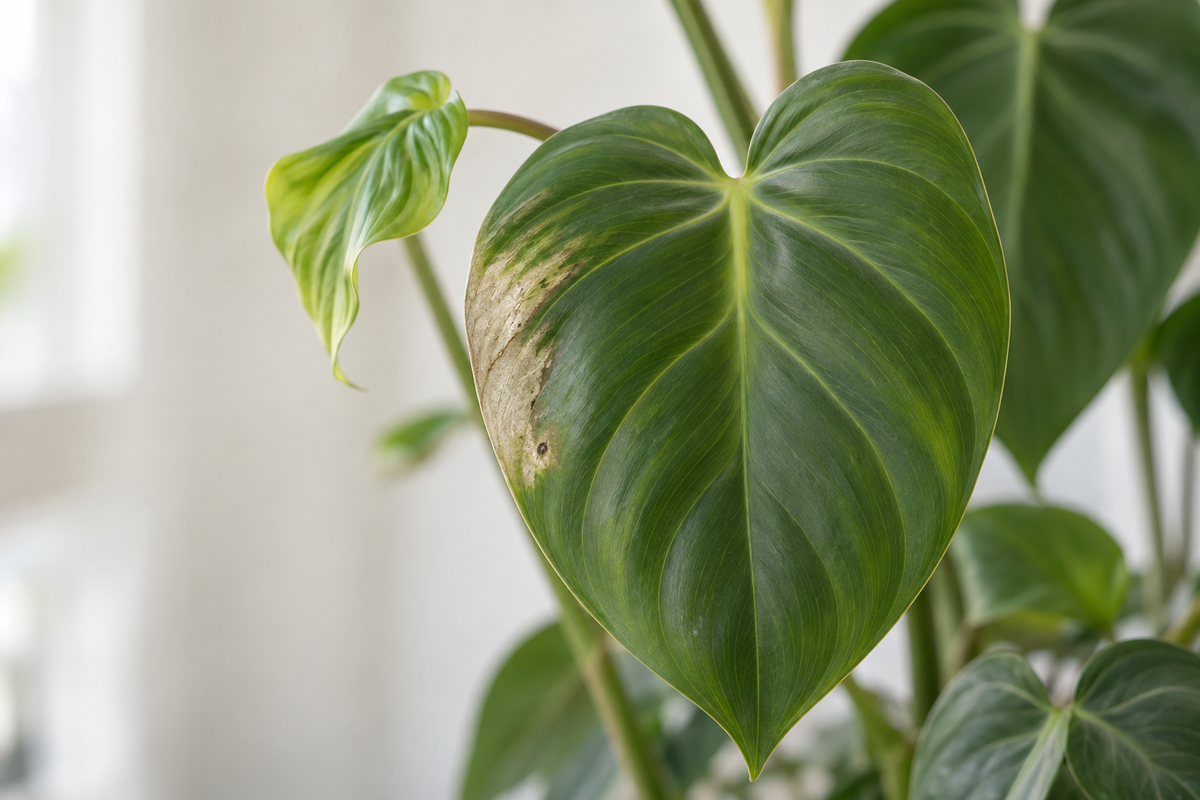 Philodendron leaf with an irregular pale scar and distorted young growth behind it.