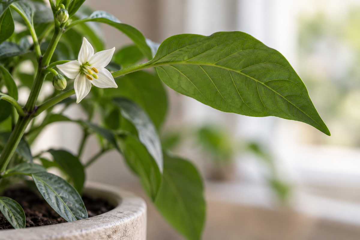 Pepper foliage and a white flower in natural light.