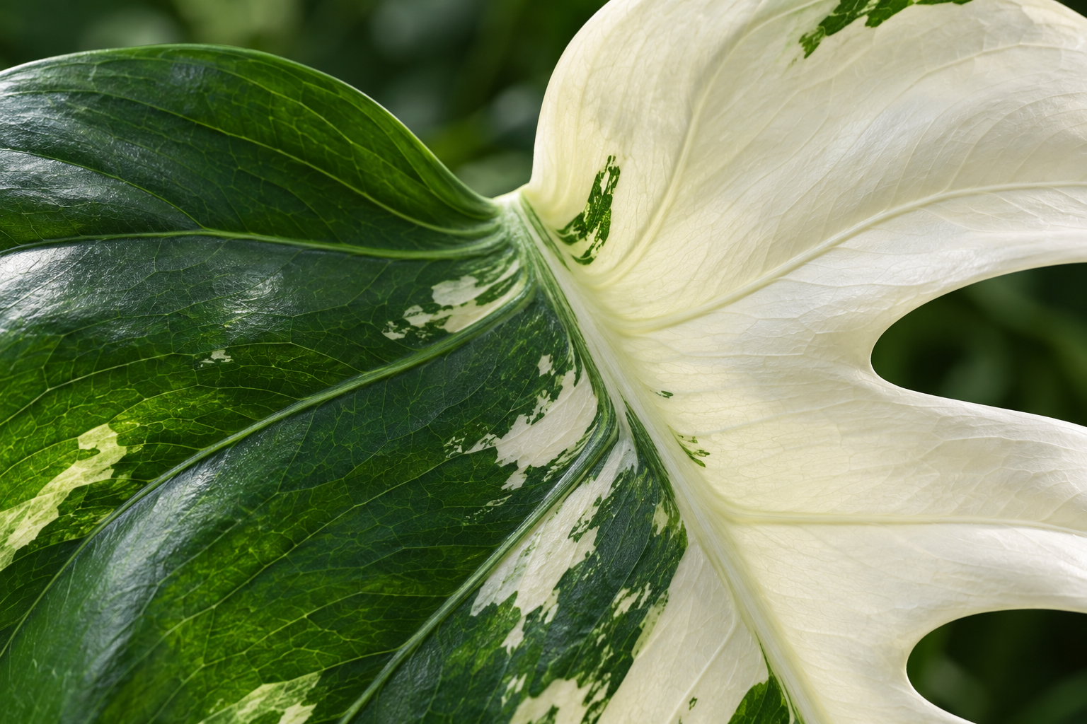 Close view of the boundary between green and white tissue on a variegated leaf