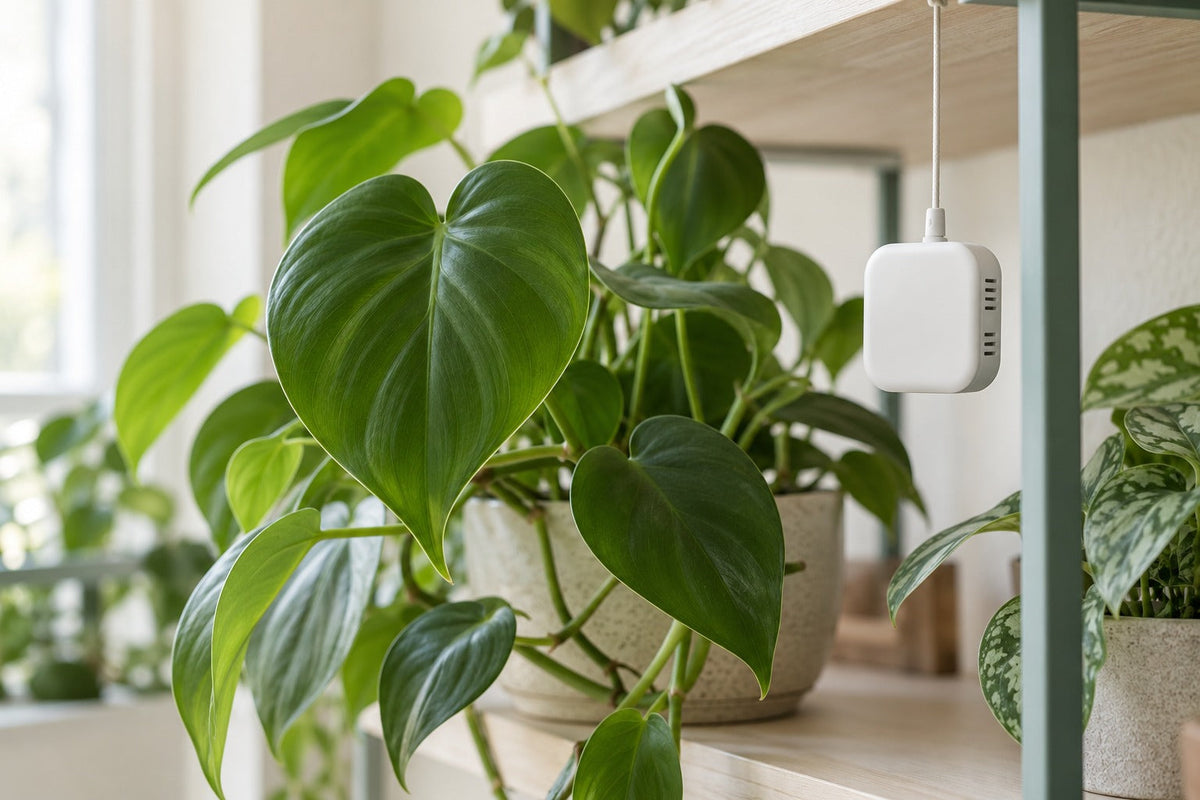 A temperature and humidity sensor among green foliage on a cream shelf, with no legible numerical reading.
