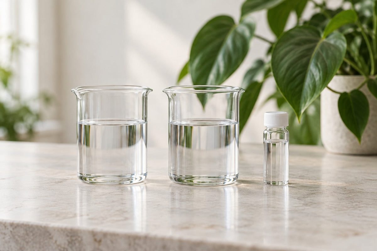 Two visually identical clear beakers of water on a cream tabletop beside green foliage, illustrating that appearance cannot reveal water chemistry.