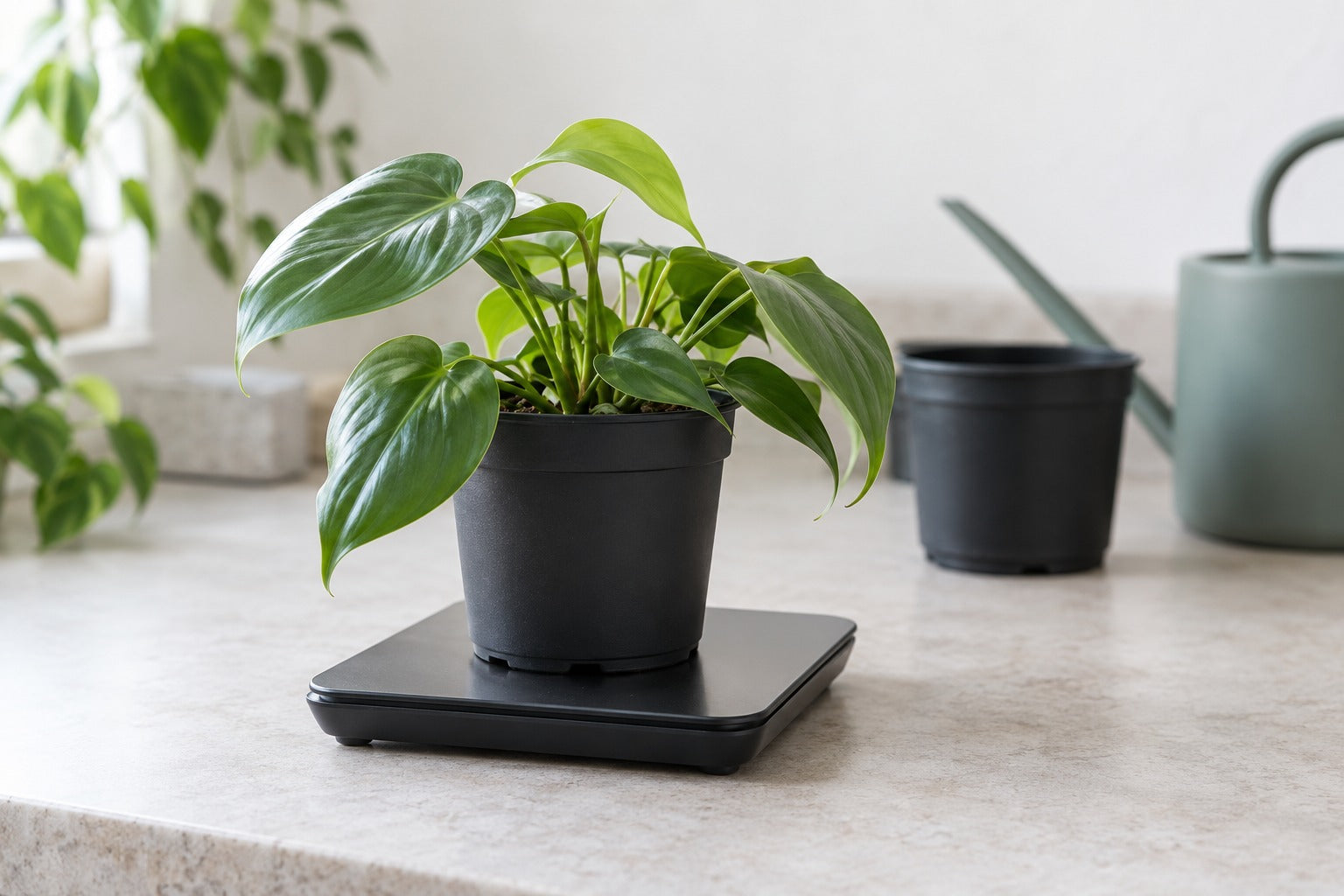 A small leafy plant in a nursery pot on a kitchen scale beside a notebook, against a quiet green and cream background.