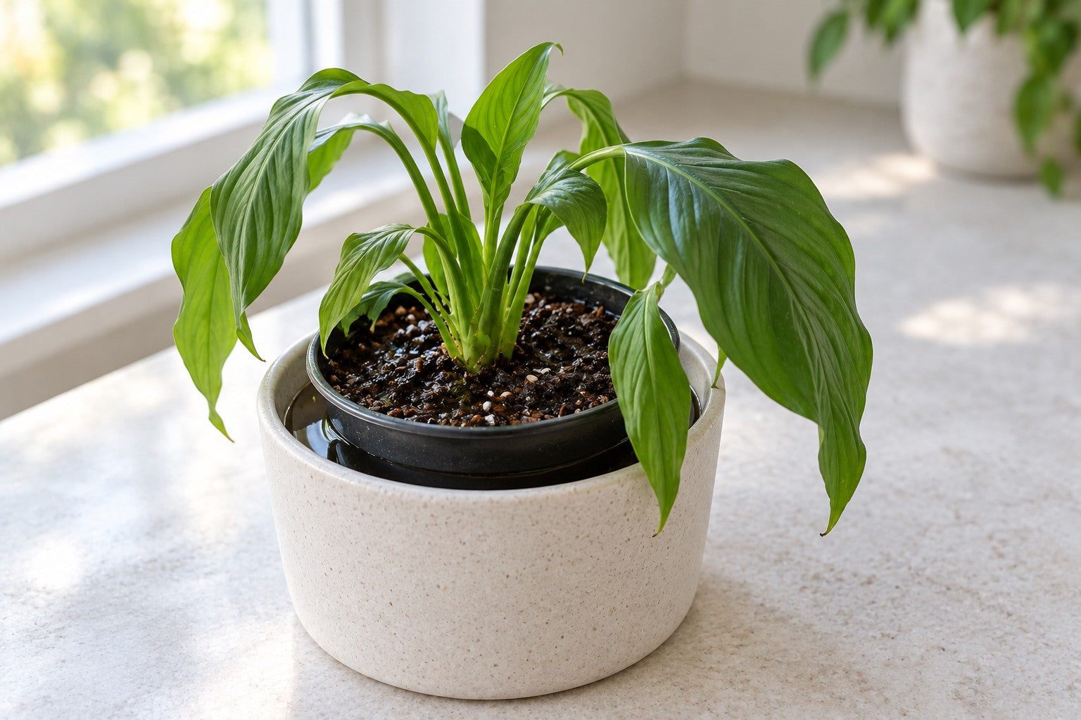 Illustrative scene of a drooping peace lily in a nursery pot nested inside a pale cover pot with standing water.