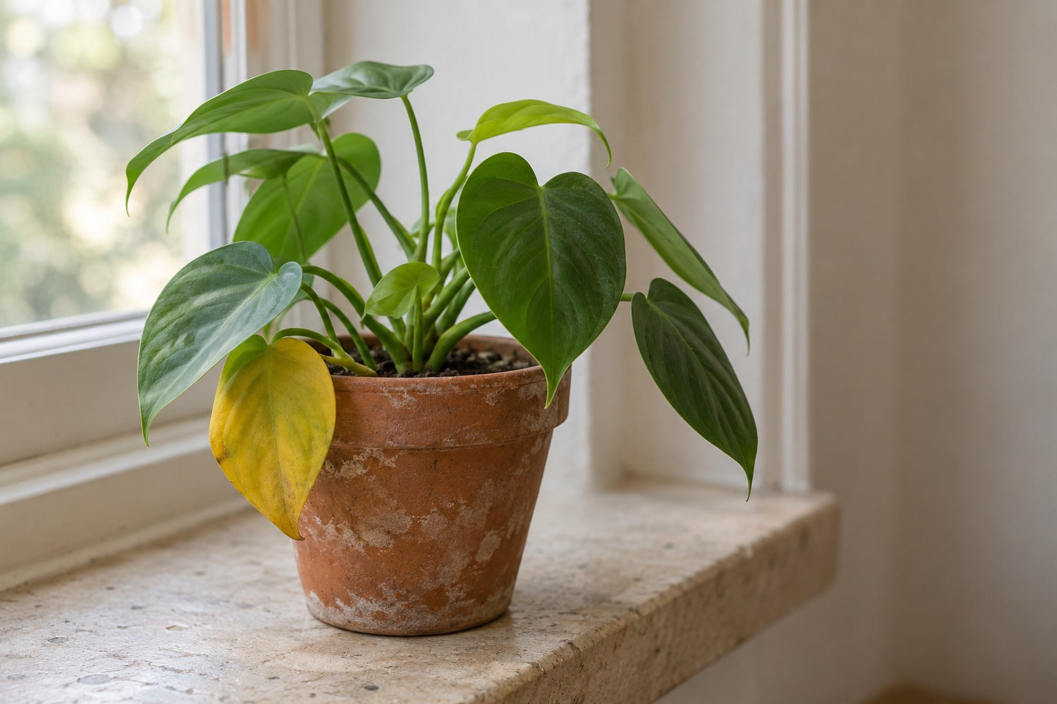 Photorealistic editorial image of a potted philodendron on a windowsill with one yellow lower leaf.