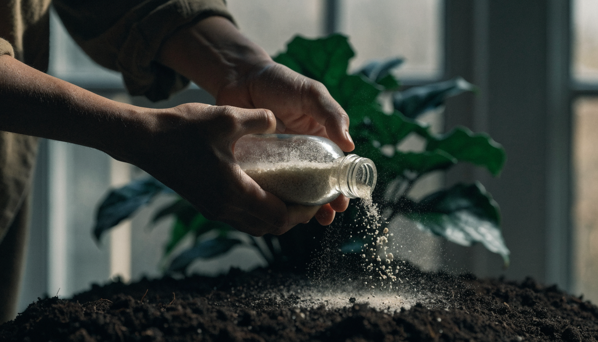 Hands tipping a bottle of pale granular carrier over the dark soil of a houseplant