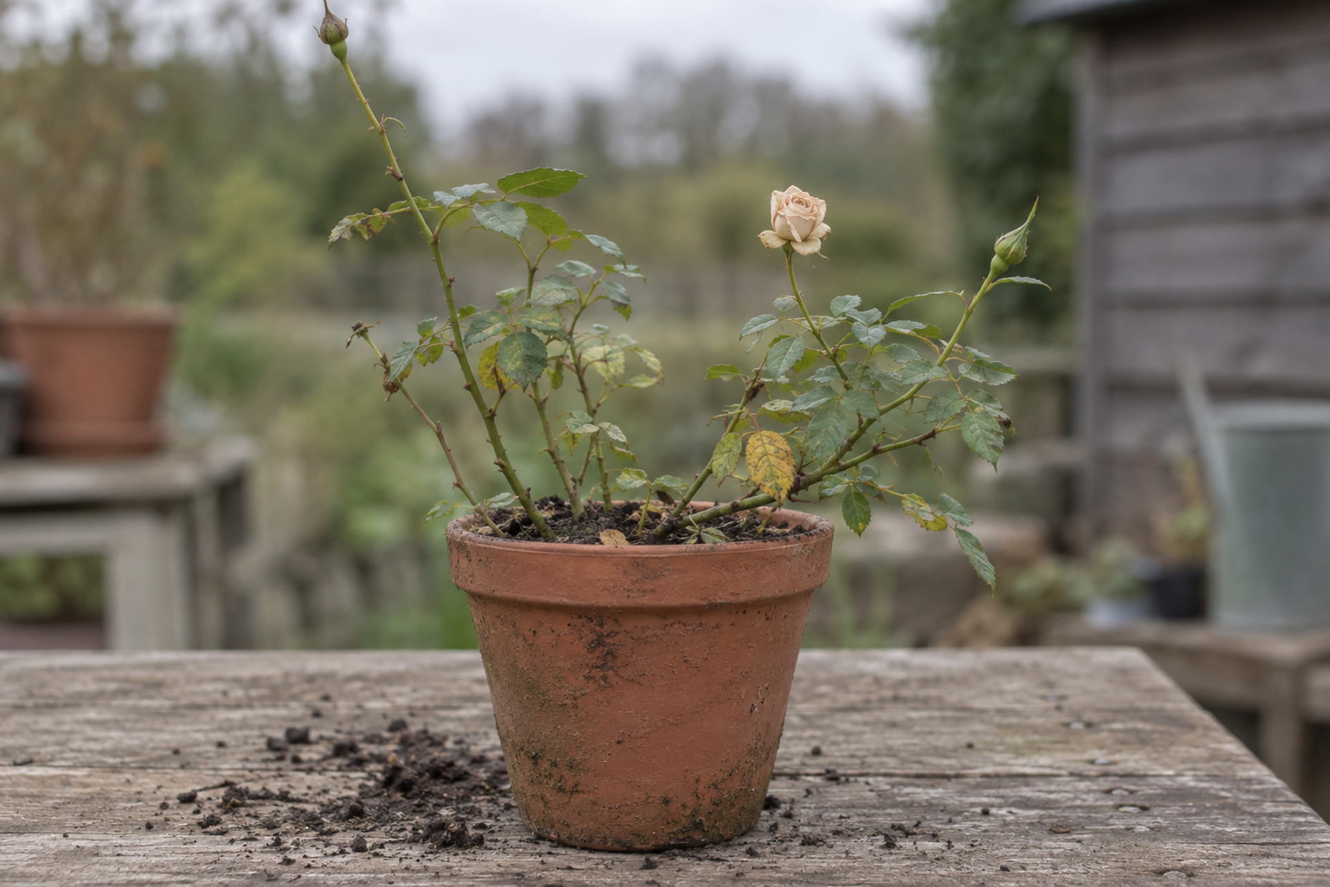 A leggy potted rose with one spent cream bloom on a weathered potting bench, with spilled soil beside the pot, in flat overcast daylight.