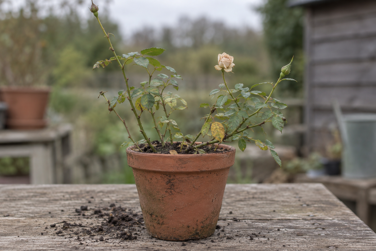 A leggy potted rose with one spent cream bloom on a weathered potting bench, with spilled soil beside the pot, in flat overcast daylight.