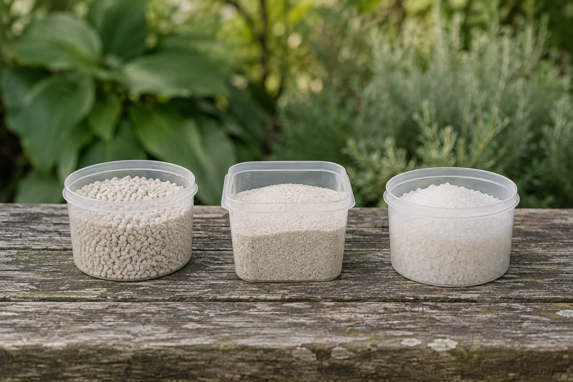 Three plain unlabelled plastic containers of different shapes on a weathered wooden bench, each holding a different pale granular carrier.