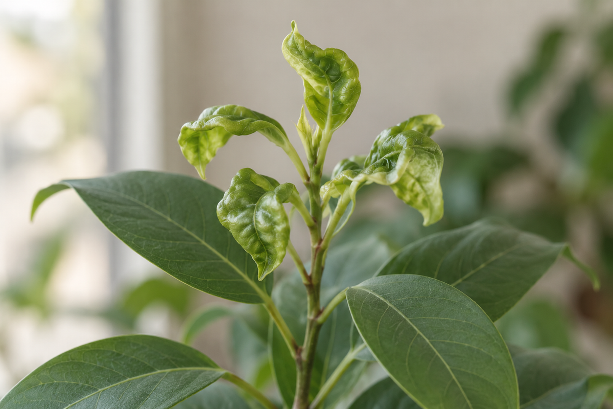 Close photograph of the growing tip of a leafy houseplant in which the newest leaves are curled and puckered while the older leaves further down the stem are flat and undistorted. No insects are visible.