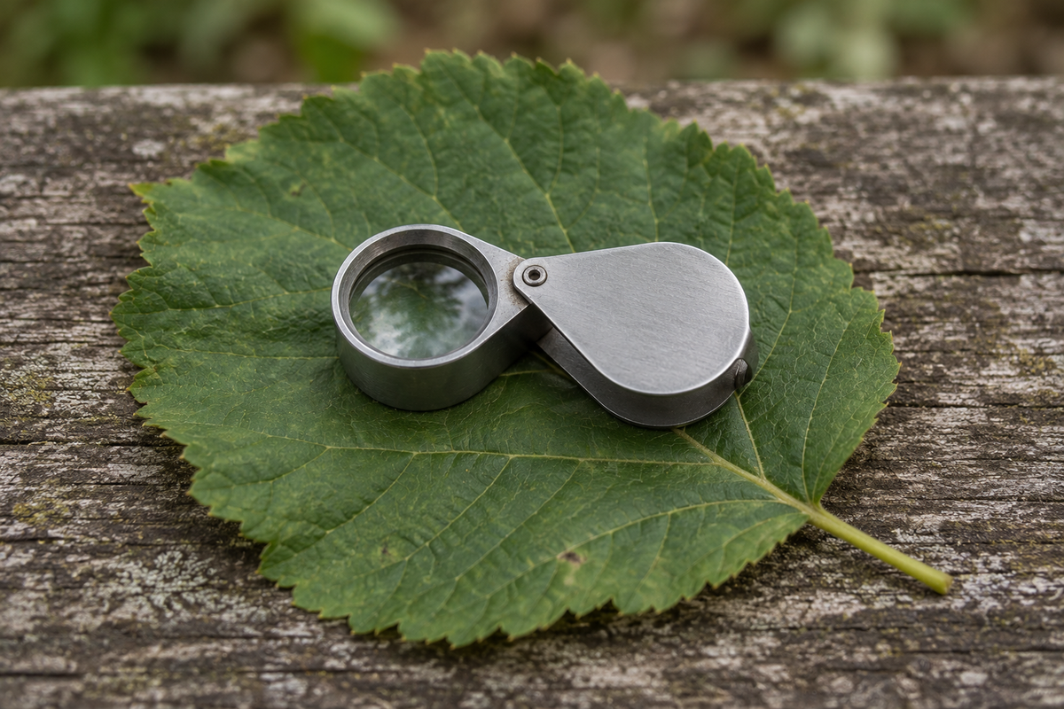 Close photograph of an open folding hand lens resting on a large flat green leaf on a weathered wooden surface, under soft overcast daylight.